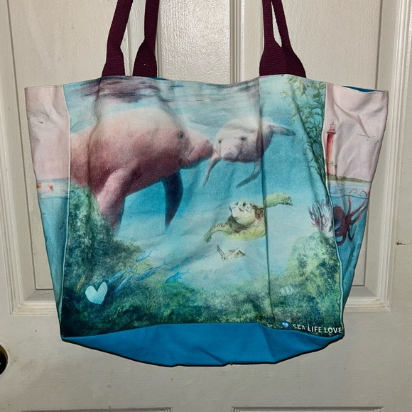 SEA LIFE LOVE Manatees Octopus Turtle Seagulls Tote Canvas Beach Bag. New. - Picture 3 of 7